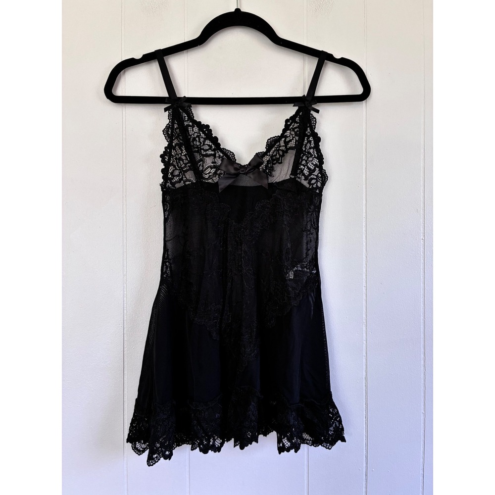 Oh La La Cheri Paris Black Lace‎ Chemise Babydoll Lingerie Small Bows Mesh Slips